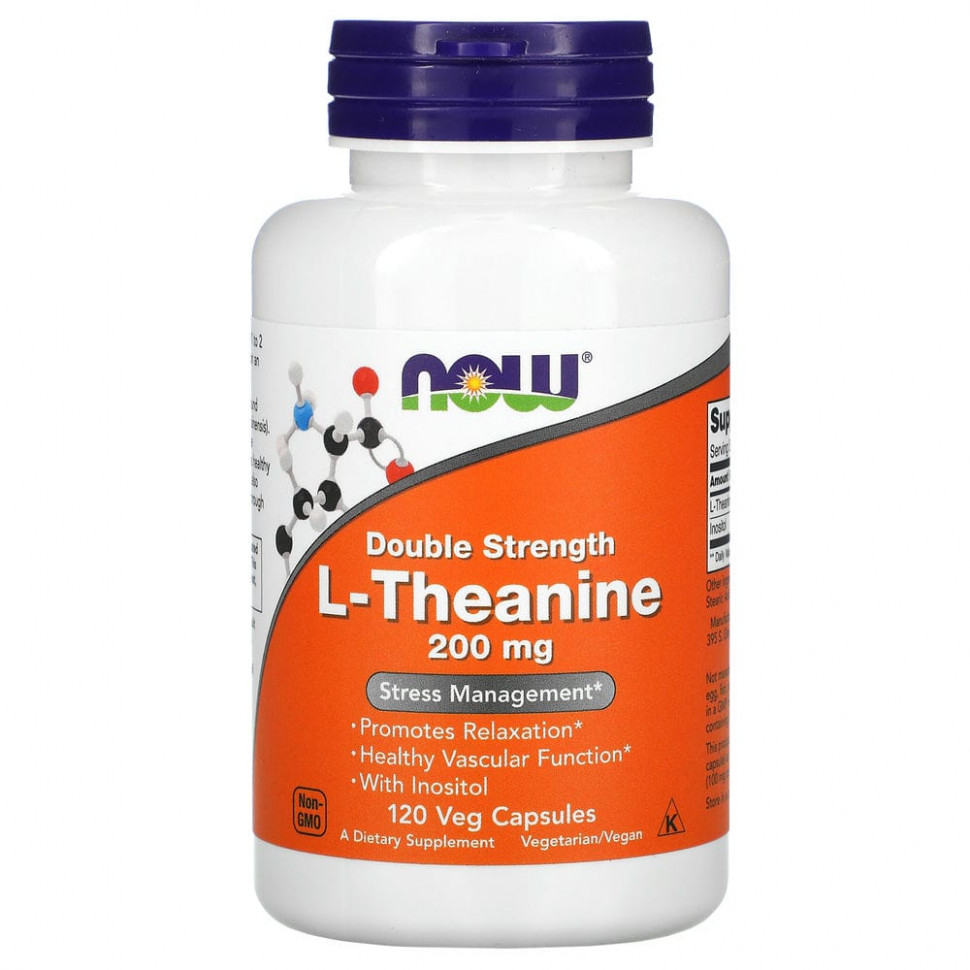 NOW Foods L-Theanine L-теанин 200 мг, 60 вегетарианских капсул